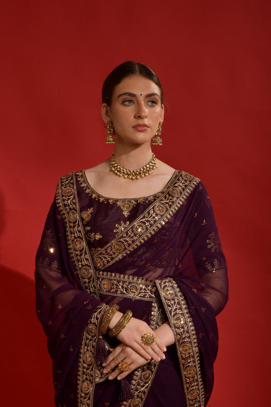 Jyoti Fashion Women's Wine Sequence Coding Embroidery Georgette Saree with Blouse | Swadesiicart