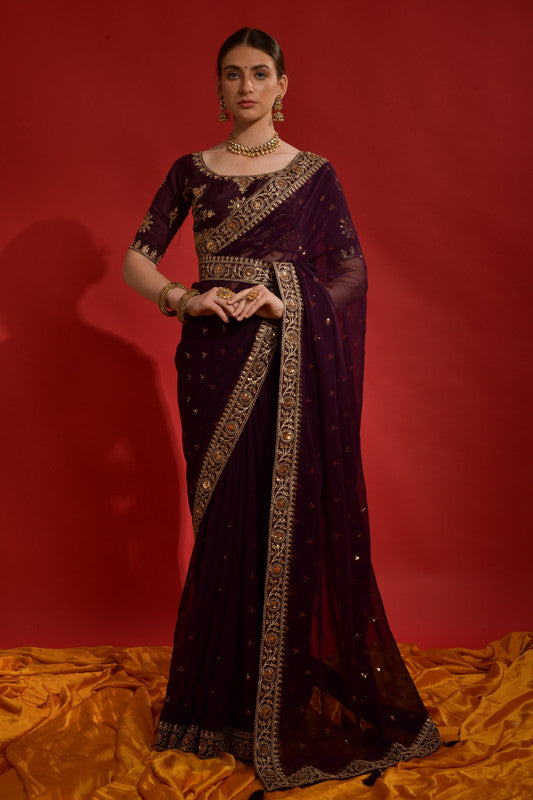 Jyoti Fashion Women's Wine Sequence Coding Embroidery Georgette Saree with Blouse | Swadesiicart