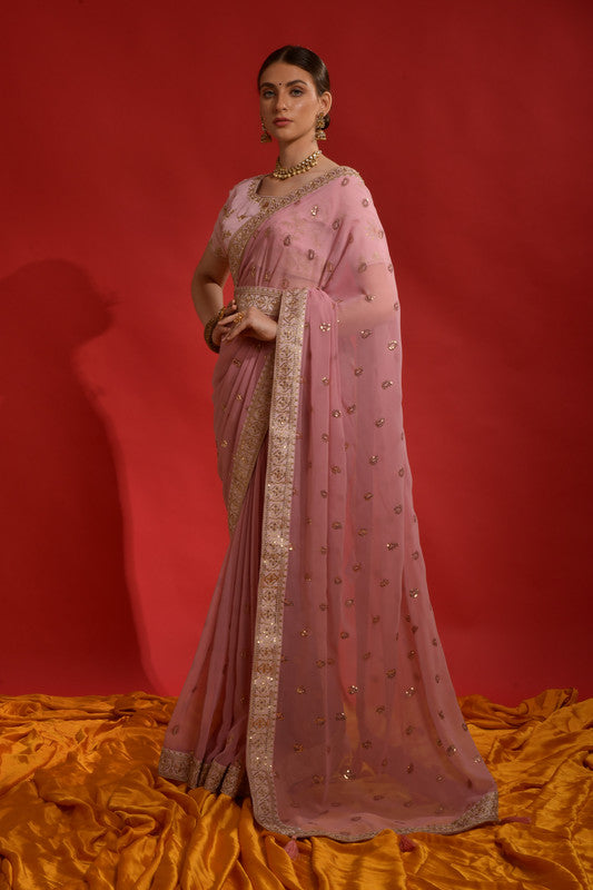 Jyoti Fashion Women's Peach Sequence Coding Embroidery Georgette Saree with Blouse | Swadesiicart