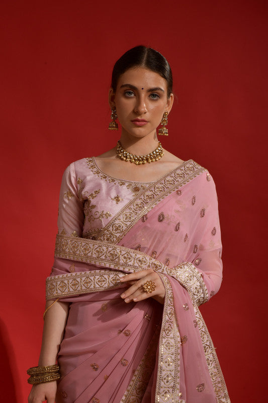 Jyoti Fashion Women's Peach Sequence Coding Embroidery Georgette Saree with Blouse | Swadesiicart