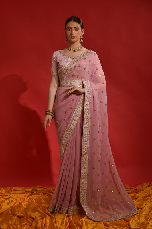 Jyoti Fashion Women's Peach Sequence Coding Embroidery Georgette Saree with Blouse | Swadesiicart