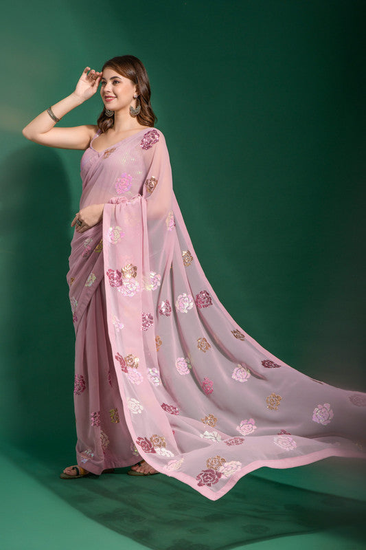 Jyoti Fashion Women's Pink Sequence Georgette Saree with Blouse | Swadesiicart