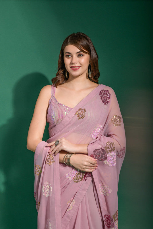Jyoti Fashion Women's Pink Sequence Georgette Saree with Blouse | Swadesiicart