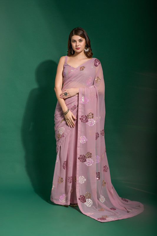 Jyoti Fashion Women's Pink Sequence Georgette Saree with Blouse | Swadesiicart