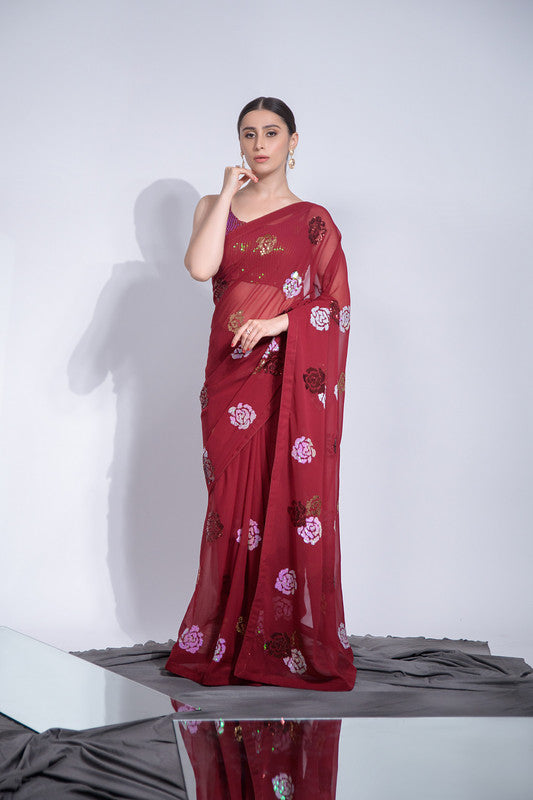Jyoti Fashion Women's Maroon Sequence Georgette Saree with Blouse | Swadesiicart