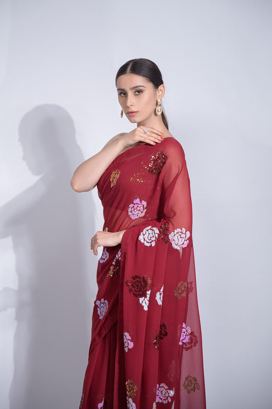 Jyoti Fashion Women's Maroon Sequence Georgette Saree with Blouse | Swadesiicart