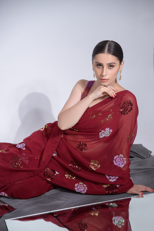 Jyoti Fashion Women's Maroon Sequence Georgette Saree with Blouse | Swadesiicart