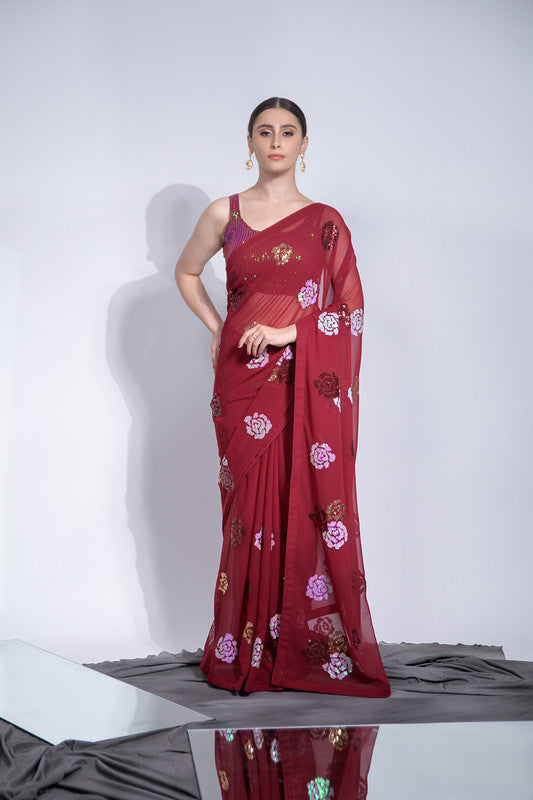 Jyoti Fashion Women's Maroon Sequence Georgette Saree with Blouse | Swadesiicart