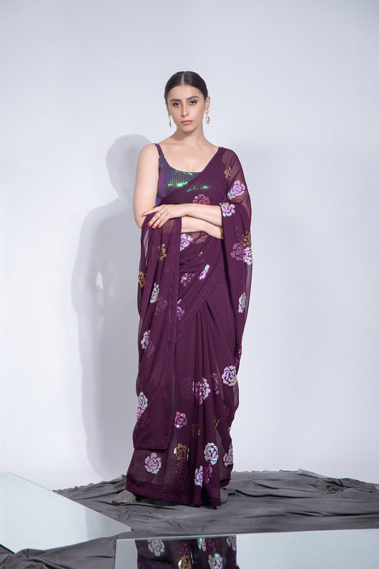 Jyoti Fashion Women's Wine Sequence Georgette Saree with Blouse | Swadesiicart