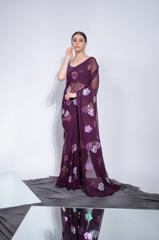 Jyoti Fashion Women's Wine Sequence Georgette Saree with Blouse | Swadesiicart