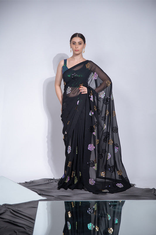 Jyoti Fashion Women's Black Sequence Georgette Saree with Blouse | Swadesiicart