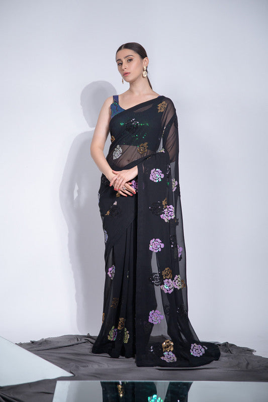 Jyoti Fashion Women's Black Sequence Georgette Saree with Blouse | Swadesiicart