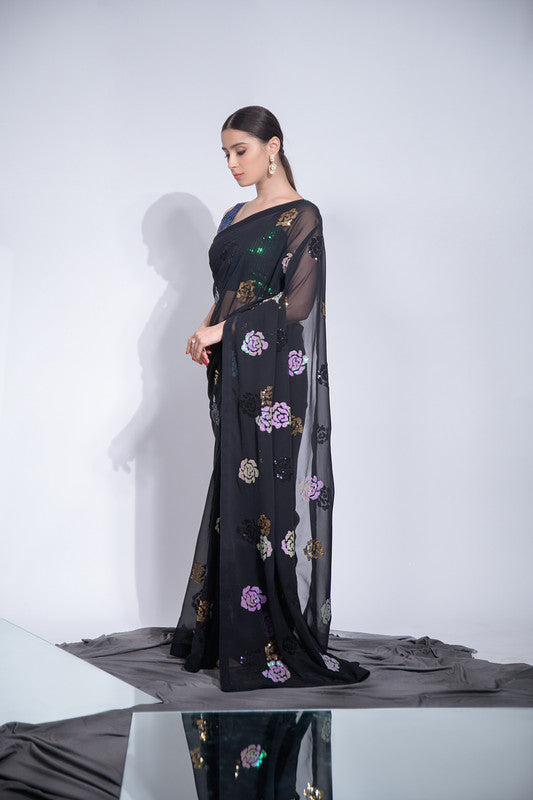 Jyoti Fashion Women's Black Sequence Georgette Saree with Blouse | Swadesiicart