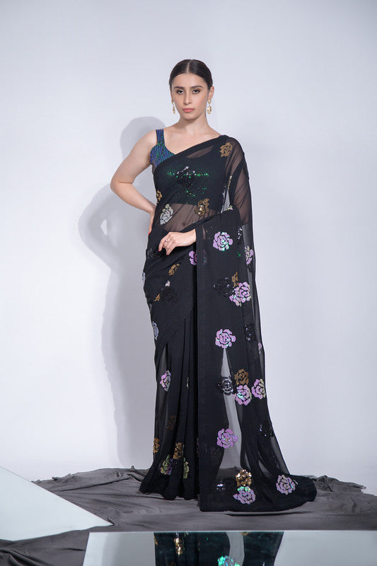 Jyoti Fashion Women's Black Sequence Georgette Saree with Blouse | Swadesiicart