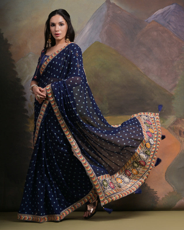 Jyoti Fashion Women's Navy Blue Coding Sequence Georgette Saree with Blouse | Swadesiicart
