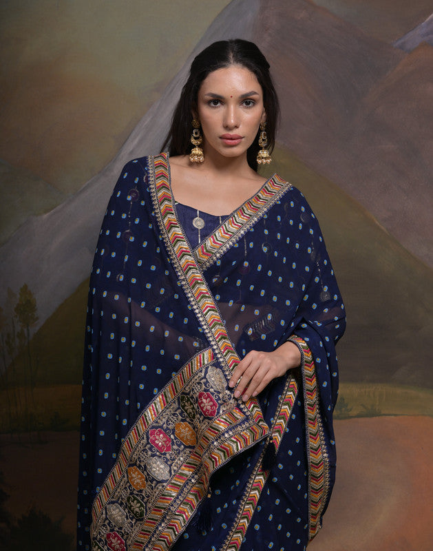 Jyoti Fashion Women's Navy Blue Coding Sequence Georgette Saree with Blouse | Swadesiicart