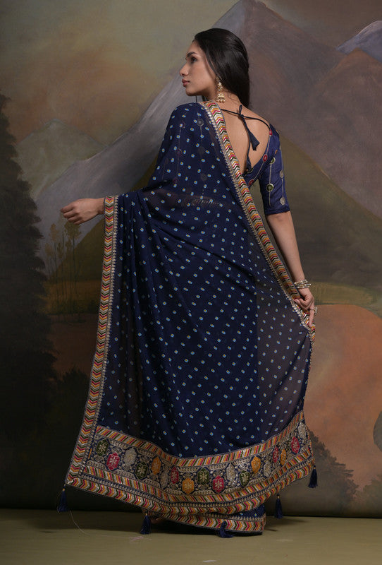 Jyoti Fashion Women's Navy Blue Coding Sequence Georgette Saree with Blouse | Swadesiicart