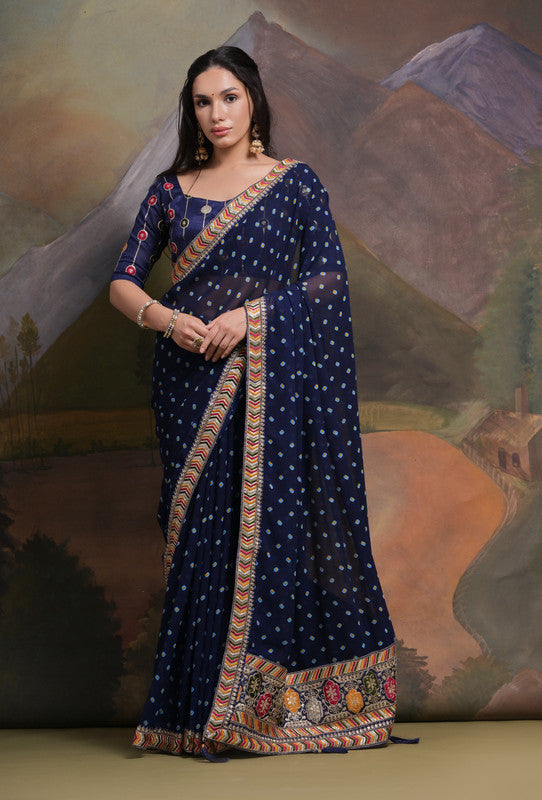 Jyoti Fashion Women's Navy Blue Coding Sequence Georgette Saree with Blouse | Swadesiicart