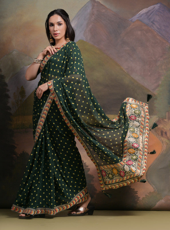 Jyoti Fashion Women's Bottle Green Coding Sequence Georgette Saree with Blouse | Swadesiicart