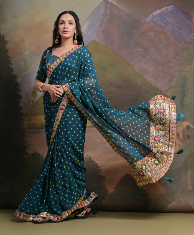 Jyoti Fashion Women's Morpich Coding Sequence Georgette Saree with Blouse | Swadesiicart