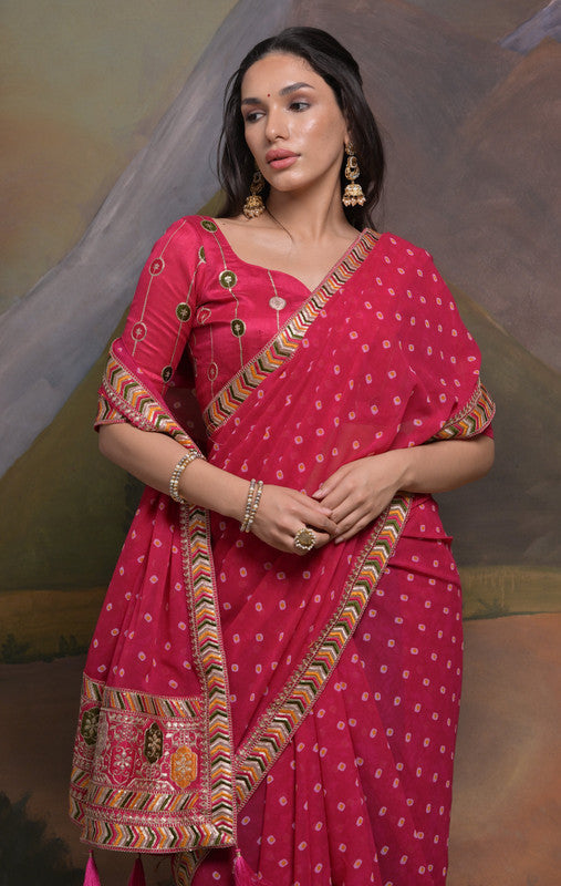 Jyoti Fashion Women's Rani Pink Coding Sequence Georgette Saree with Blouse | Swadesiicart