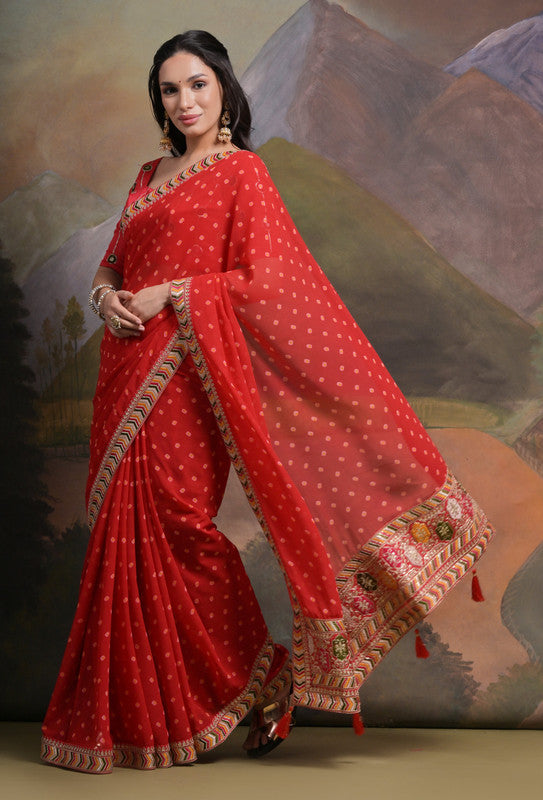 Jyoti Fashion Women's Red Coding Sequence Georgette Saree with Blouse | Swadesiicart