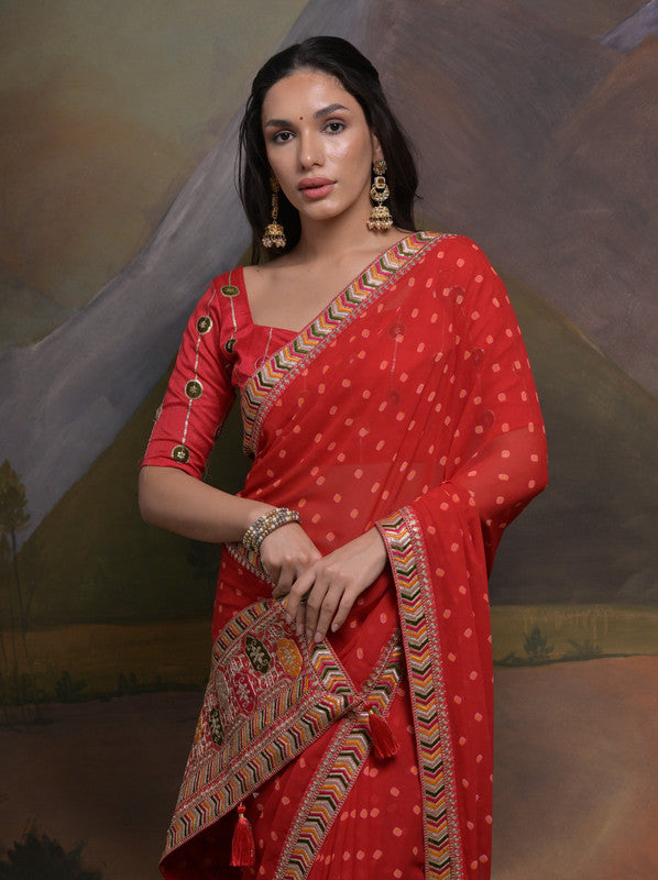 Jyoti Fashion Women's Red Coding Sequence Georgette Saree with Blouse | Swadesiicart