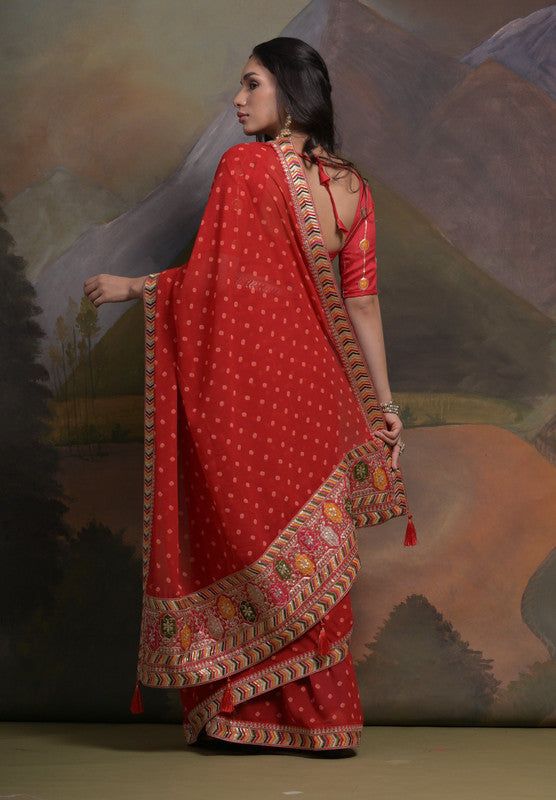Jyoti Fashion Women's Red Coding Sequence Georgette Saree with Blouse | Swadesiicart