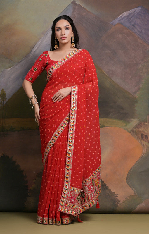 Jyoti Fashion Women's Red Coding Sequence Georgette Saree with Blouse | Swadesiicart