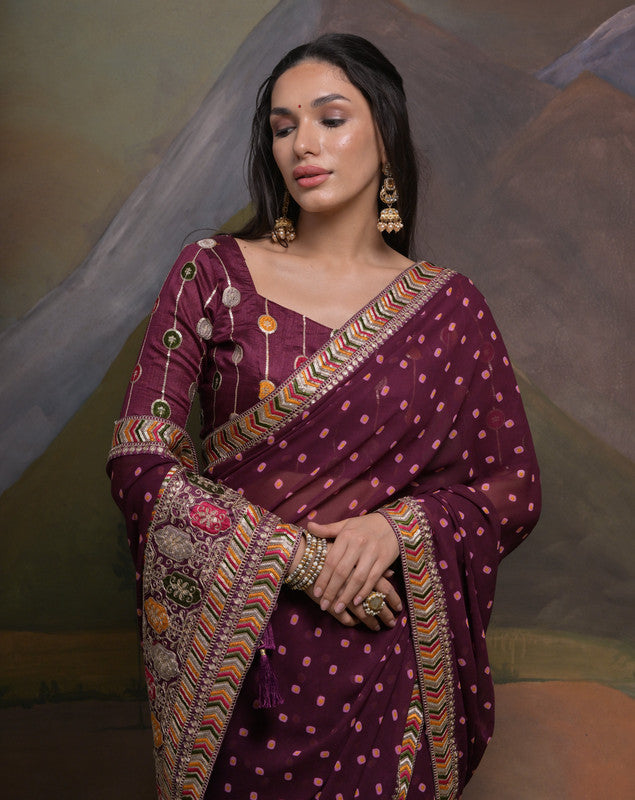 Jyoti Fashion Women's Wine Coding Sequence Georgette Saree with Blouse | Swadesiicart