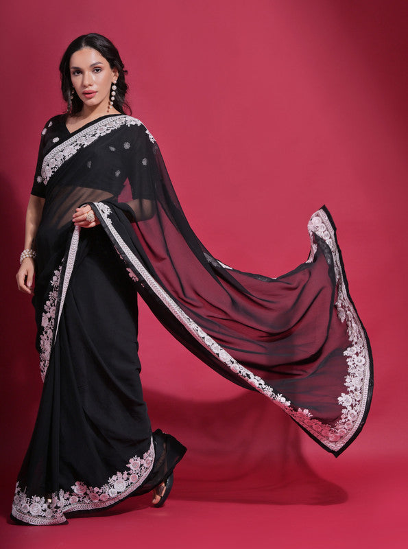 Jyoti Fashion Women's Black Coding Work Georgette Saree with Blouse | Swadesiicart