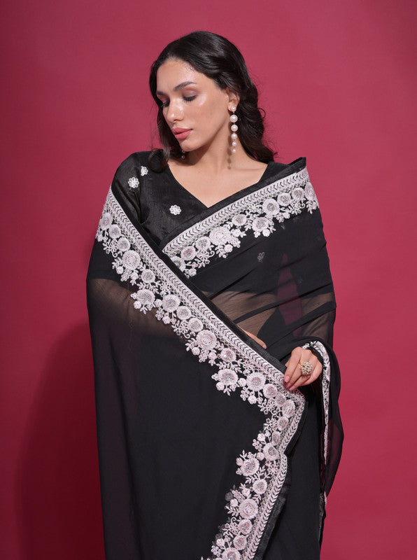 Jyoti Fashion Women's Black Coding Work Georgette Saree with Blouse | Swadesiicart