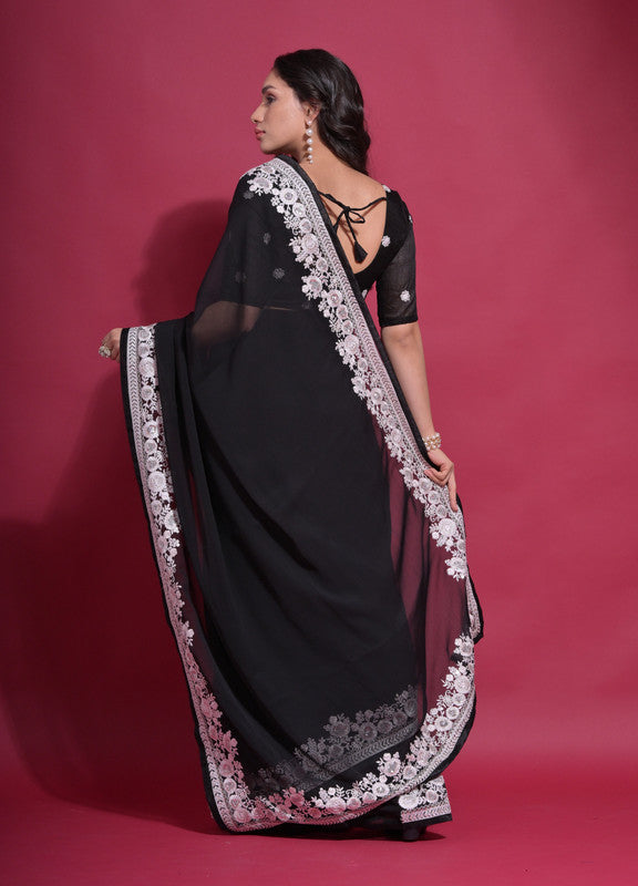 Jyoti Fashion Women's Black Coding Work Georgette Saree with Blouse | Swadesiicart