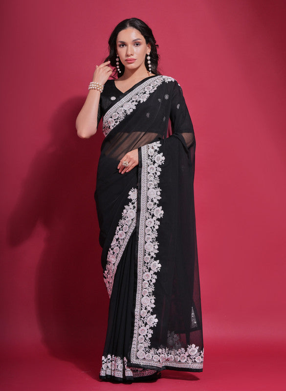Jyoti Fashion Women's Black Coding Work Georgette Saree with Blouse | Swadesiicart