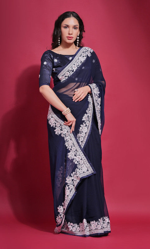Jyoti Fashion Women's Navy Blue Coding Work Georgette Saree with Blouse | Swadesiicart