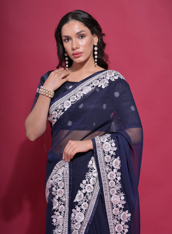 Jyoti Fashion Women's Navy Blue Coding Work Georgette Saree with Blouse | Swadesiicart