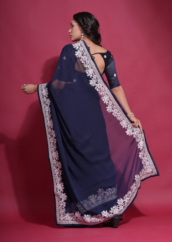 Jyoti Fashion Women's Navy Blue Coding Work Georgette Saree with Blouse | Swadesiicart