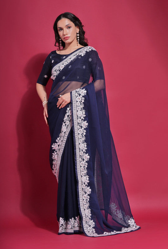 Jyoti Fashion Women's Navy Blue Coding Work Georgette Saree with Blouse | Swadesiicart