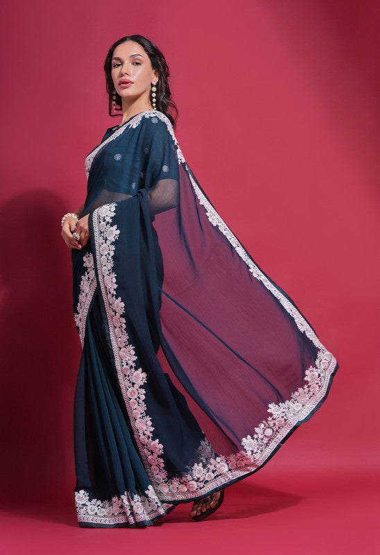 Jyoti Fashion Women's Morpich Coding Work Georgette Saree with Blouse | Swadesiicart