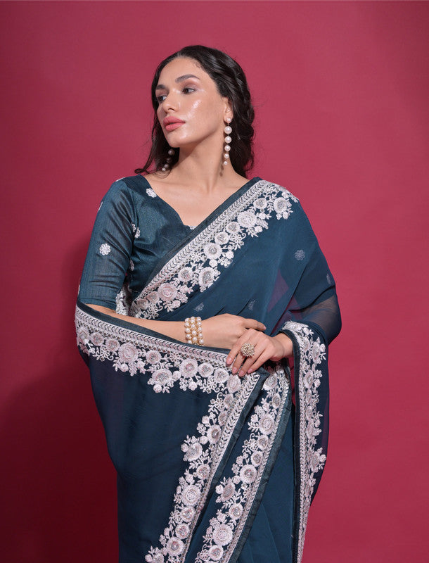 Jyoti Fashion Women's Morpich Coding Work Georgette Saree with Blouse | Swadesiicart