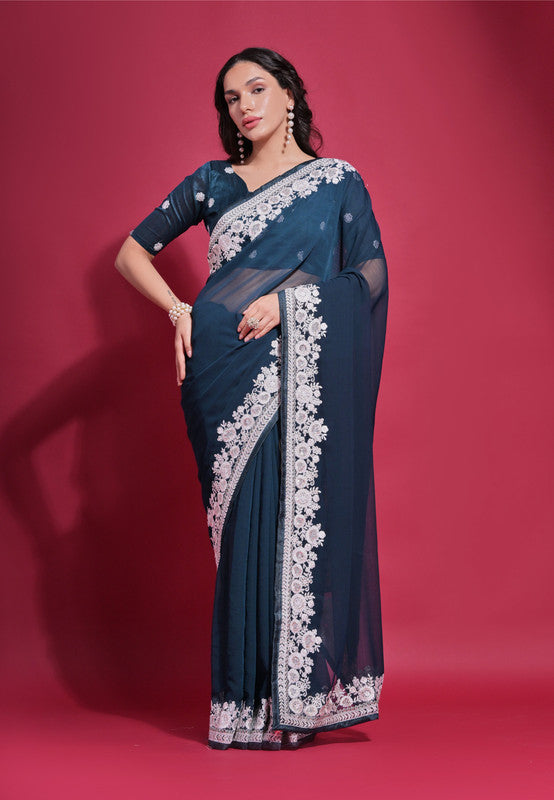 Jyoti Fashion Women's Morpich Coding Work Georgette Saree with Blouse | Swadesiicart