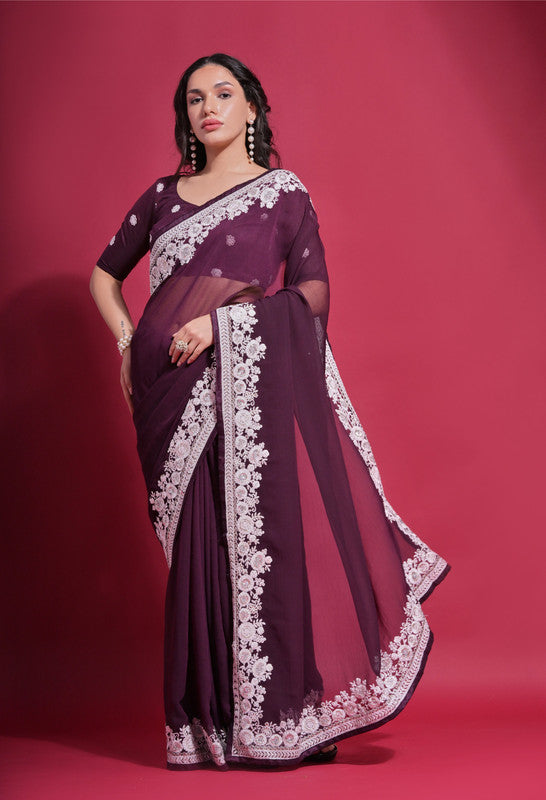 Jyoti Fashion Women's Wine Coding Work Georgette Saree with Blouse | Swadesiicart
