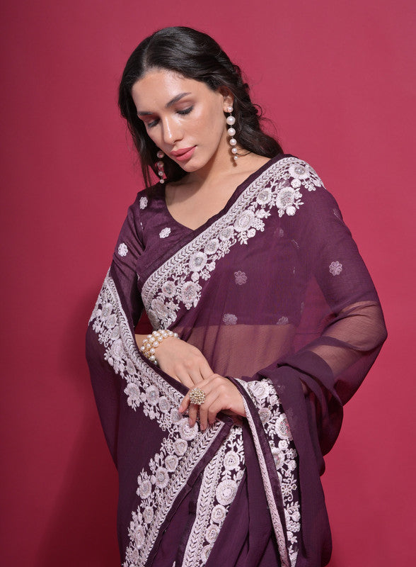 Jyoti Fashion Women's Wine Coding Work Georgette Saree with Blouse | Swadesiicart