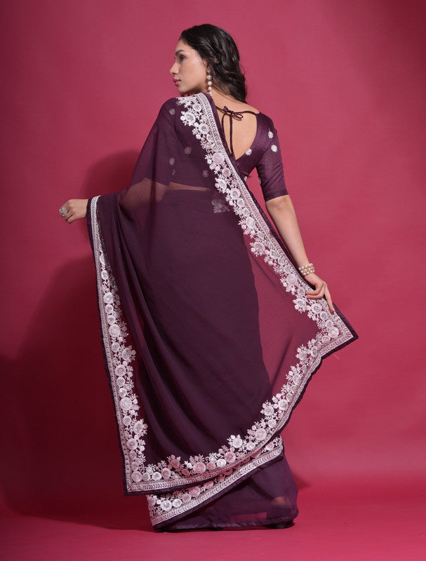 Jyoti Fashion Women's Wine Coding Work Georgette Saree with Blouse | Swadesiicart