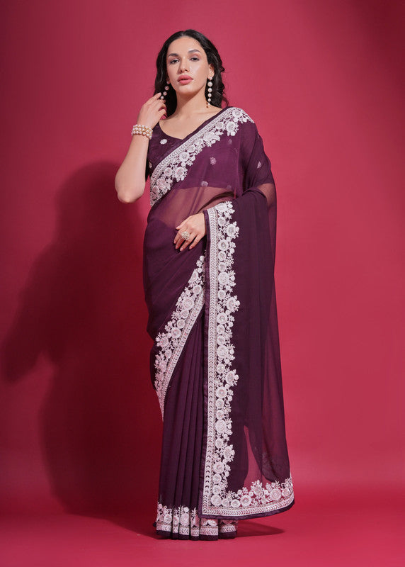 Jyoti Fashion Women's Wine Coding Work Georgette Saree with Blouse | Swadesiicart