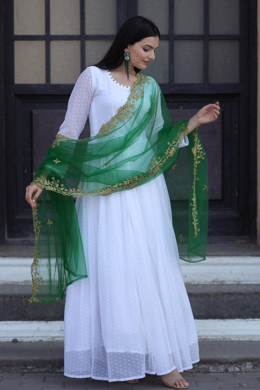 Jyoti Fashion Women's White Faux Georgette Butti work Anarkali Dress with Dupatta | Swadesiicart
