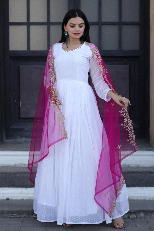 Jyoti Fashion Women's White Faux Georgette Butti work Anarkali Dress with Dupatta | Swadesiicart