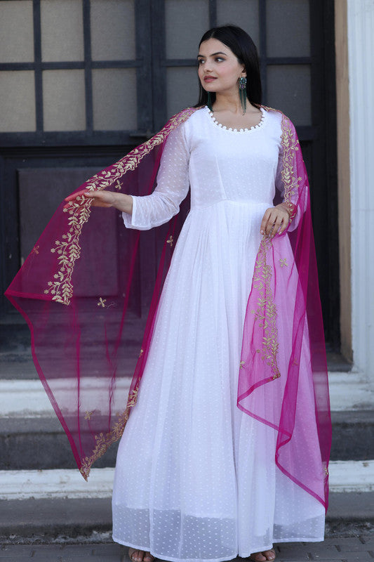 Jyoti Fashion Women's White Faux Georgette Butti work Anarkali Dress with Dupatta | Swadesiicart