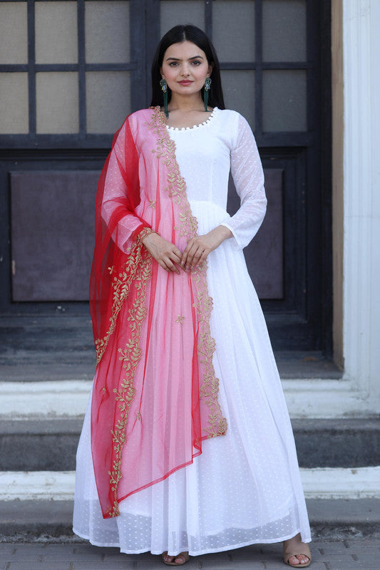 Jyoti Fashion Women's White Faux Georgette Butti work Anarkali Dress with Dupatta | Swadesiicart