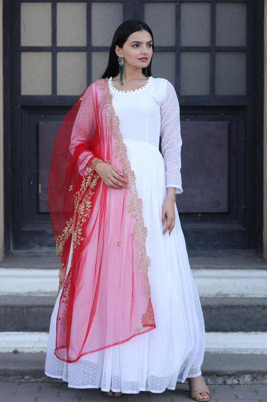 Jyoti Fashion Women's White Faux Georgette Butti work Anarkali Dress with Dupatta | Swadesiicart
